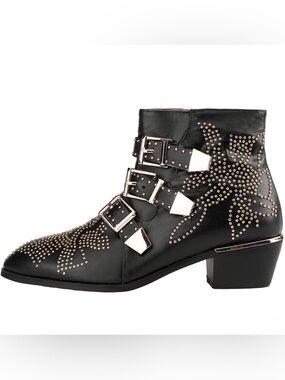 Studded Ankle Boots Leather Multiple Buckle Chunky Heel Booties